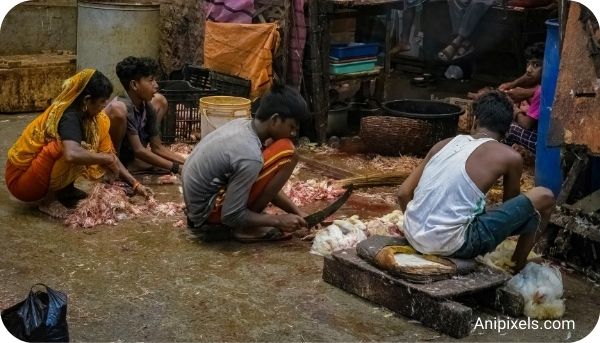 Workers inside the meat market of Kolkata